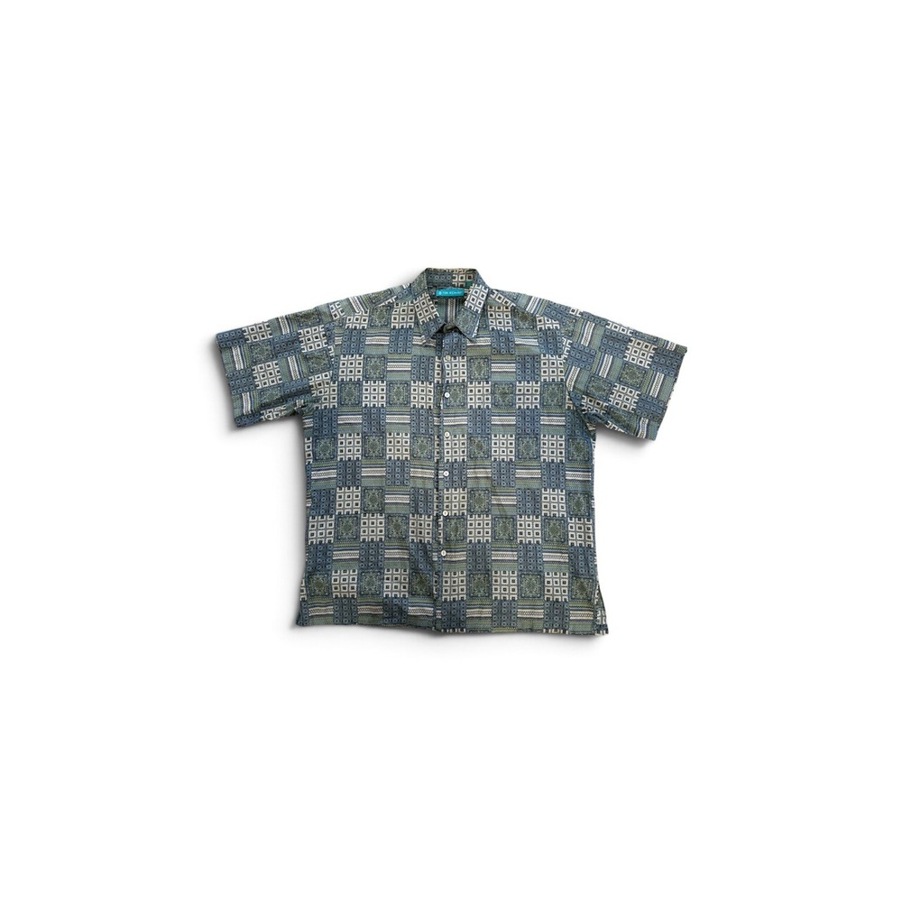 Tori Richard Button Down Shirt Men Sz L Grey Blue Geometric Mosaic Hawaii 0300